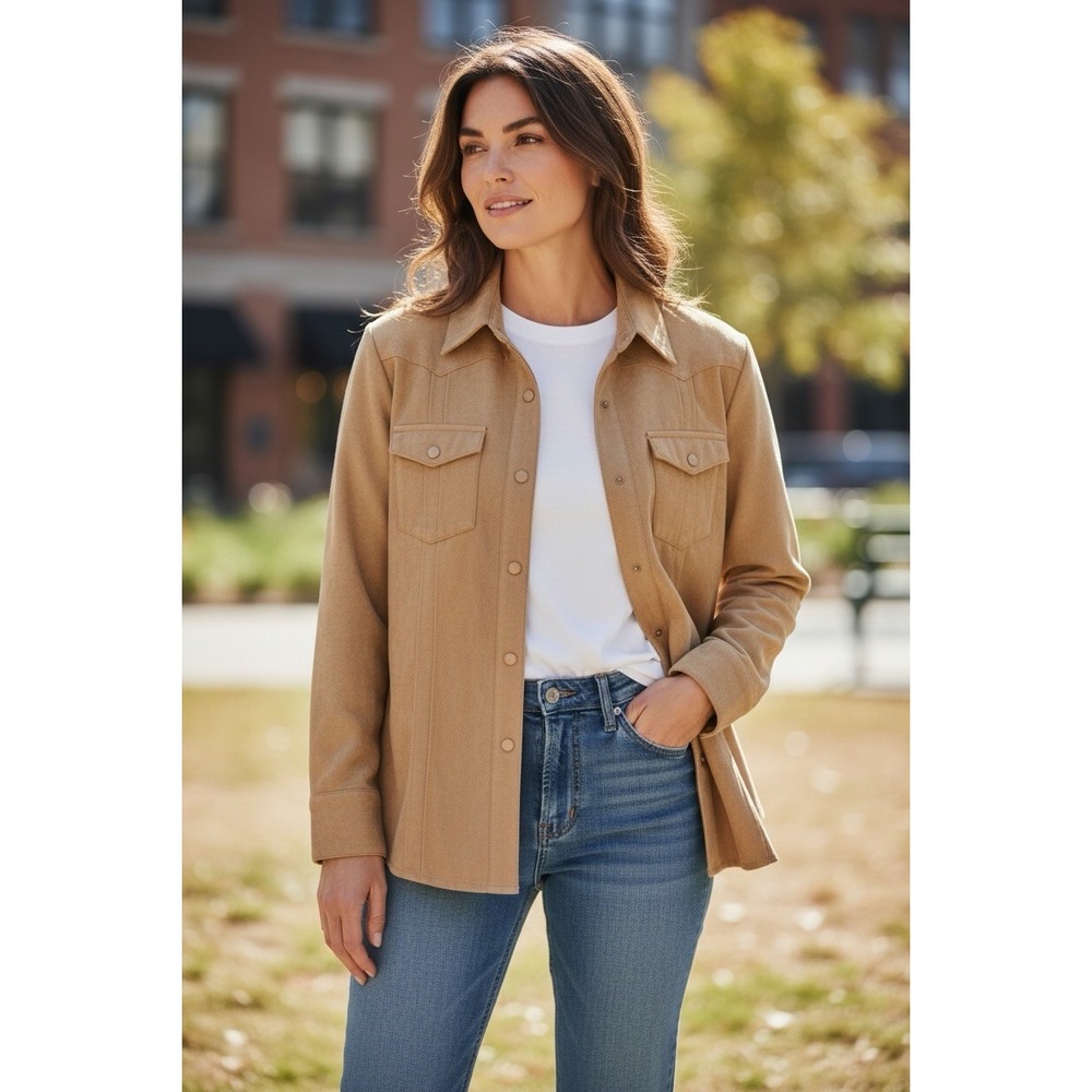 Aziza Womens Faux Suede Long Sleeve Button Up Shirt Tan XS Regular Fit 10256CR